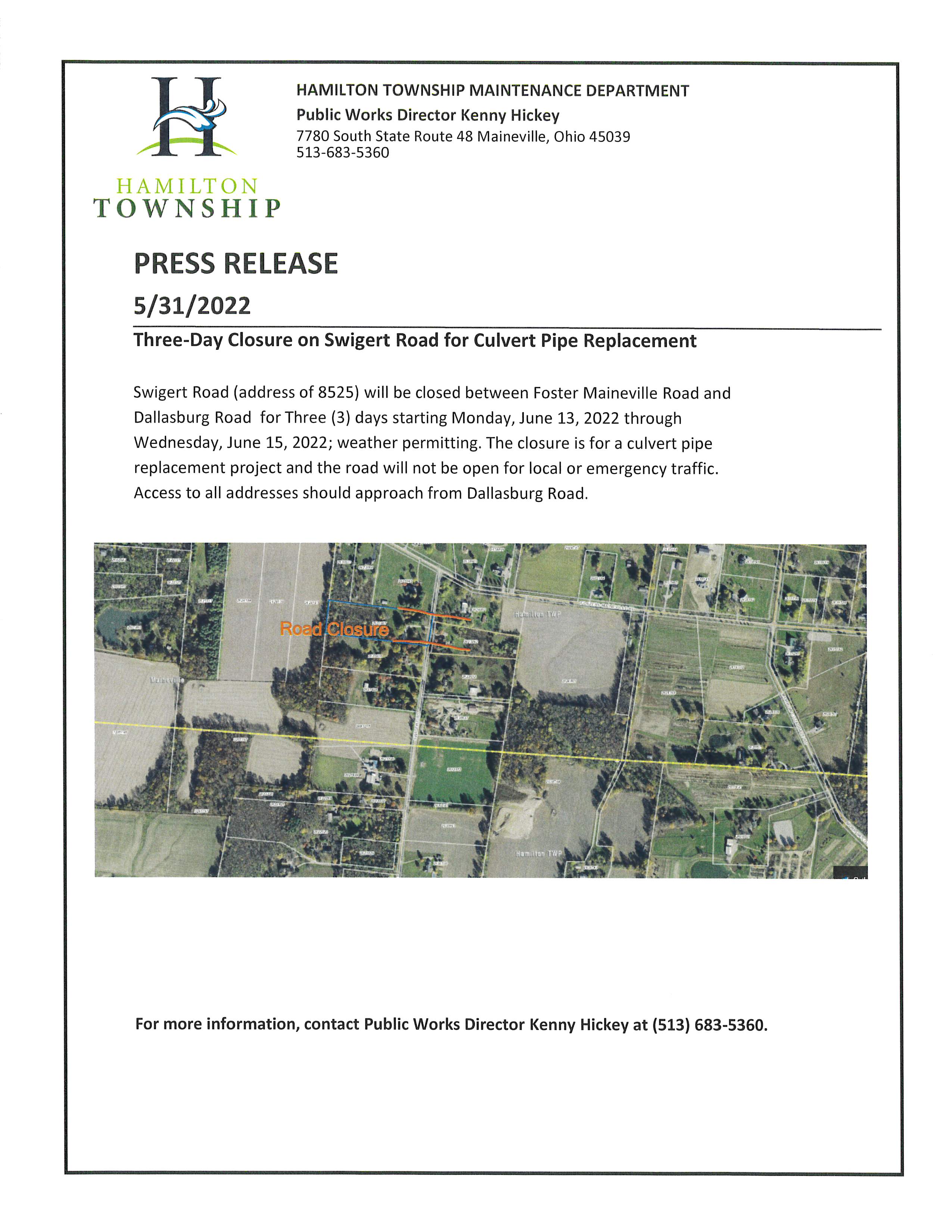 Three-Day Closure on Swigert Road for Culvert Pipe Replacement Press Release